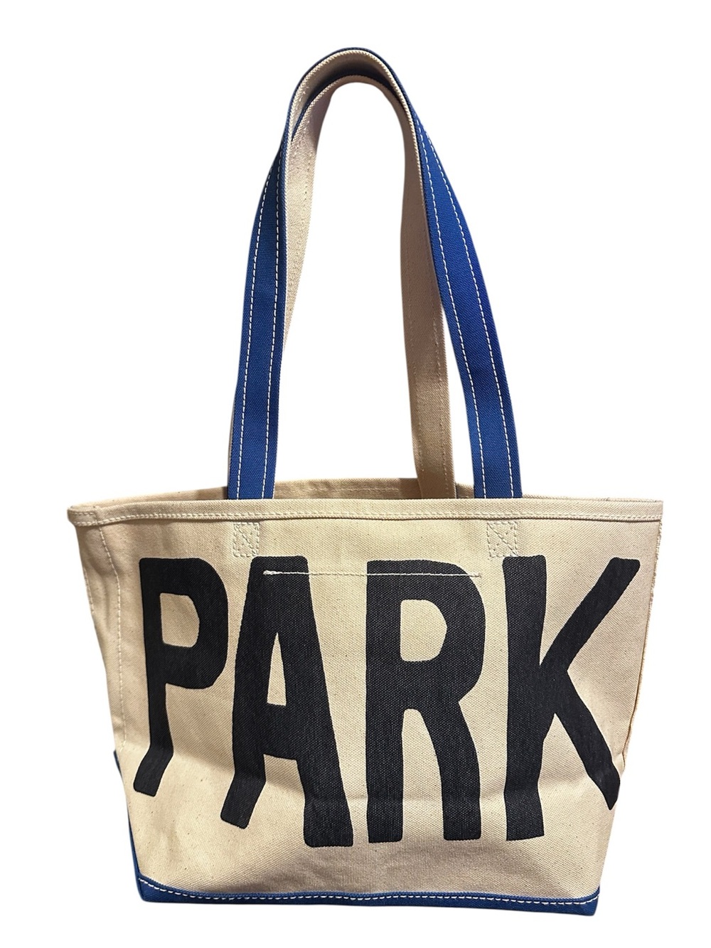 Canvas 'PARK' Tote Bag in Natural with Blue Handles